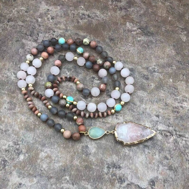 Natural Stone Rose Quartz Mala Necklace