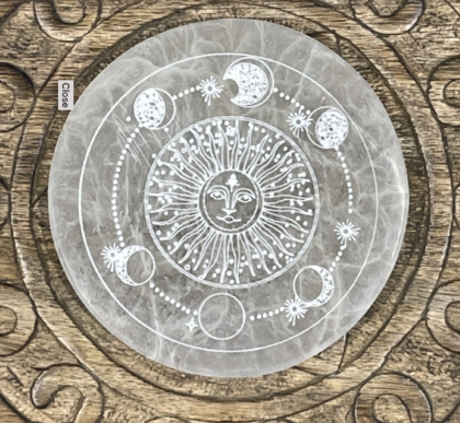 Selenite Round Sunface with Moon Phases Charging Plate 12cm - Mystic Tribes