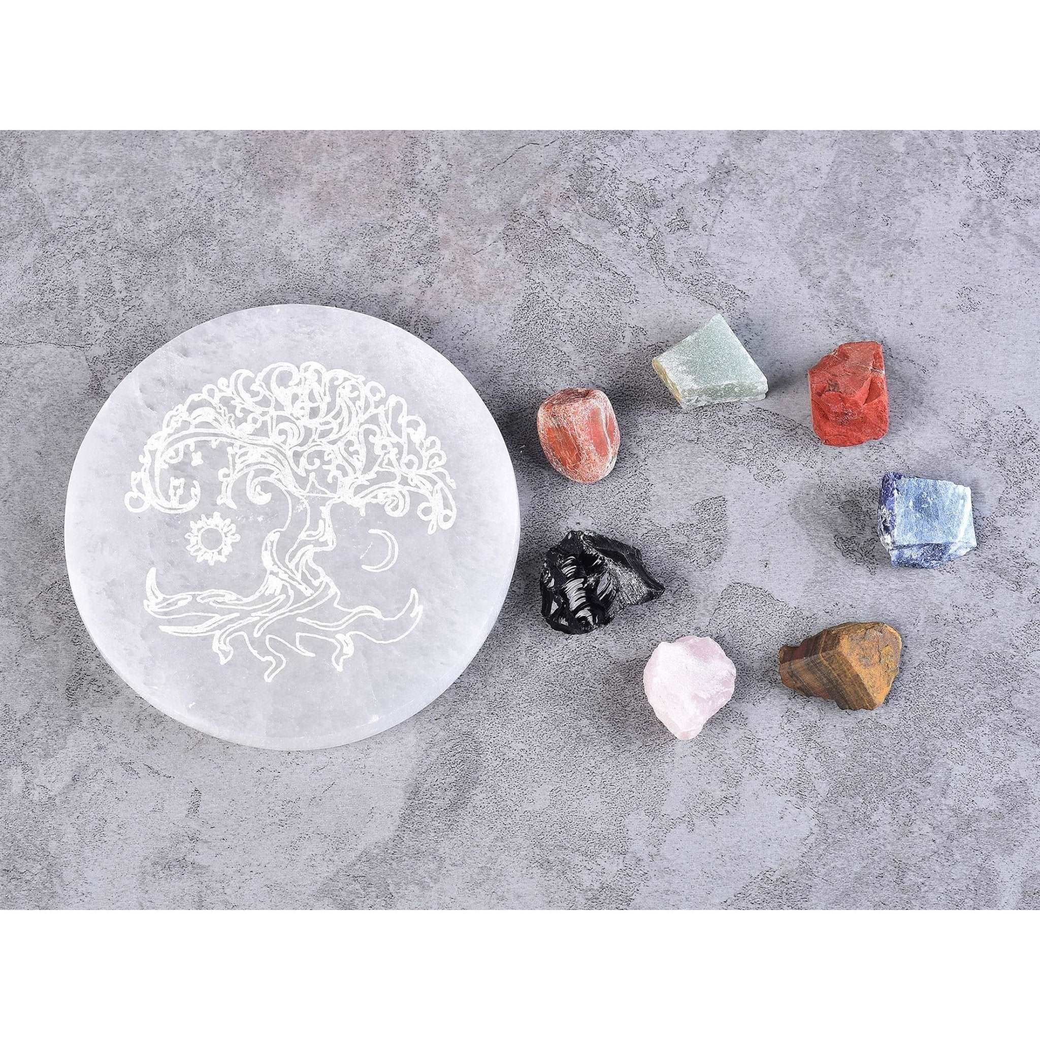 Selenite Round Tree Of Life Charging Plate 12CM - Mystic Tribes