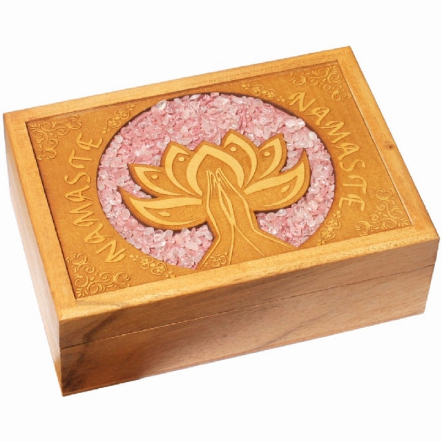 Wooden Box Lotus Namaste with Rose Quartz Chips