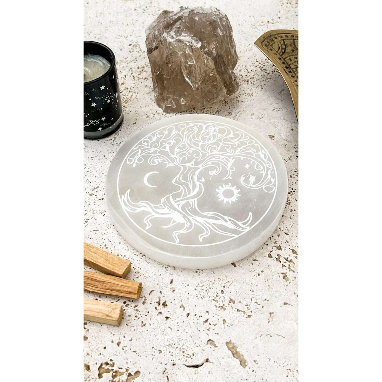 Selenite Round Tree Of Life Charging Plate 12CM - Mystic Tribes